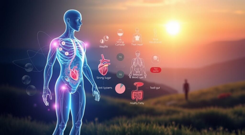 A vibrant illustration depicting the health benefits of intermittent fasting. In the foreground, a glowing figure representing improved metabolic function, with visible cellular processes and energy pathways. In the middle ground, an array of anatomical elements showcasing the positive impacts on organs and systems - a strong heart, balanced blood sugar levels, and a healthy gut. In the background, a serene landscape symbolizing the restorative effects on the mind and body, with soft natural lighting and a sense of tranquility. The overall composition conveys the holistic wellness achieved through the practice of intermittent fasting, inviting the viewer to explore its transformative potential.