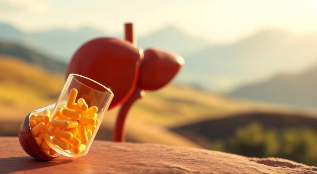 A vibrant illustration showcasing the connection between probiotics and liver health. In the foreground, a detailed probiotic capsule filled with beneficial bacteria, illuminated by soft, natural lighting. In the middle ground, a realistic cross-section of a healthy liver, its intricate structure and warm, earthy tones contrasting with the capsule. The background depicts a serene, minimalist landscape, hinting at the holistic, wellness-focused theme. The overall composition is balanced, with a sense of depth and a calming, organic atmosphere, conveying the importance of probiotics for optimal liver function.