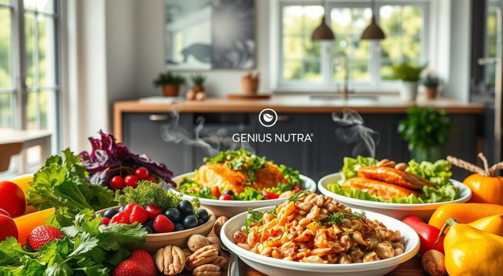 A vibrant, mouthwatering display of anti-inflammatory recipes. In the foreground, an array of fresh, colorful ingredients including leafy greens, berries, salmon, and nuts. In the middle ground, stylishly plated dishes showcasing the recipes, with steam rising delicately. The background features a minimalist kitchen setting, with natural light streaming in through large windows, creating a warm, inviting atmosphere. The Genius Nutra logo is subtly incorporated, reflecting the brand's commitment to healthy, nourishing meals. The overall scene conveys the harmony and vitality of an anti-inflammatory diet.