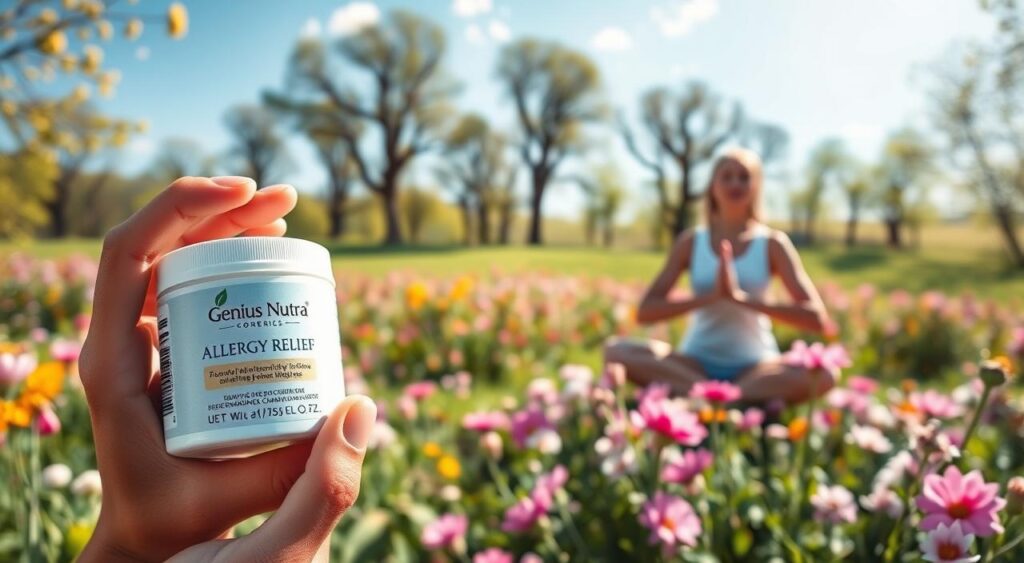 A vibrant spring scene showcasing effective health practices for battling allergies. In the foreground, a person gently applies a Genius Nutra allergy relief cream to their face, providing soothing relief. In the middle ground, a person practices deep breathing exercises while surrounded by blooming flowers. In the background, a lush green landscape with towering trees and a clear blue sky conveys a sense of renewed vitality. The lighting is soft and natural, captured through a wide-angle lens to create an immersive, holistic atmosphere. This image exudes a calming, restorative energy, visually embodying the strategies for thriving through spring allergy season.