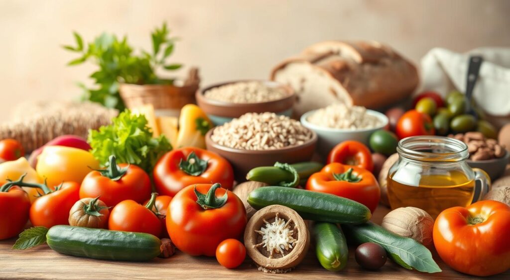 A vibrant still life arrangement showcasing the core staples of the Mediterranean diet. In the foreground, a selection of fresh, ripe produce including juicy tomatoes, crisp cucumbers, and vibrant bell peppers. In the middle ground, a selection of whole grains such as hearty loaves of crusty bread, bowls of quinoa, and brown rice. In the background, a display of heart-healthy fats like extra virgin olive oil, olives, and nuts. The scene is bathed in warm, natural lighting, evoking the sun-drenched landscapes of the Mediterranean region. The overall composition conveys a sense of balance, simplicity, and the nourishing essence of this celebrated culinary tradition.
