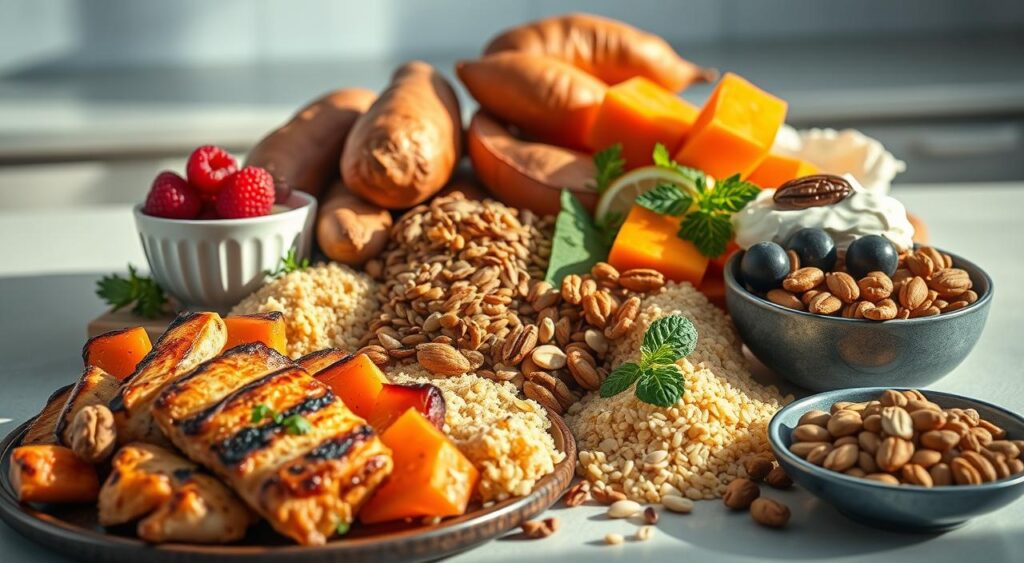 A vibrant still life, bathed in warm, natural lighting. In the foreground, an assortment of high-protein and complex carbohydrate-rich foods, including grilled chicken, quinoa, sweet potatoes, and Greek yogurt with berries. The middle ground features a variety of nuts, seeds, and dried fruits, while the background showcases a clean, minimalist kitchen counter or table setting. The composition is balanced, with a focus on the nutritious, post-workout recovery-boosting ingredients. The overall mood is one of health, vitality, and wellness, inviting the viewer to envision a restorative and performance-enhancing post-exercise meal.