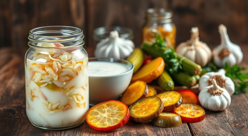 A vibrant still life featuring an assortment of fermented foods on a rustic wooden table. In the foreground, a glass jar filled with sauerkraut, its vibrant colors and textures accentuated by soft, natural lighting. Alongside it, a bowl of creamy kefir, its surface gently rippled. In the middle ground, a selection of artisanal pickles, their crisp, jewel-toned slices arranged in an appealing manner. In the background, a few whole garlic bulbs and fresh herbs, hinting at the flavors and health benefits of these probiotic-rich foods. The overall atmosphere is warm, inviting, and celebrates the gut-nourishing power of fermented culinary delights.