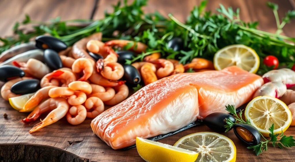 A vibrant still life featuring an assortment of fish and seafood, artfully arranged on a rustic wooden surface. In the foreground, a succulent salmon fillet glistens under soft, natural lighting, complemented by a scatter of fresh lemon wedges. In the middle ground, a bounty of shrimp and mussels are displayed, hinting at the nutritional richness of these metabolism-boosting proteins. The background is filled with a selection of crisp, verdant herbs and spices, adding depth and complementary flavors to the composition. The overall scene exudes a sense of health, vitality, and culinary expertise, perfectly capturing the essence of the 