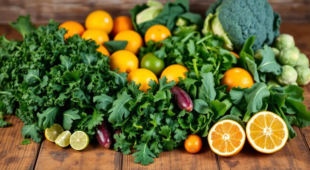 A vibrant still life on a rustic wooden table, showcasing an assortment of liver-detox superfoods. In the foreground, an array of leafy greens such as kale, spinach, and arugula, their textures and hues contrasting against the warm tones of the table. In the middle ground, an assortment of citrus fruits, including lemons, limes, and oranges, their vibrant colors adding a zestful pop. In the background, a selection of cruciferous vegetables like broccoli and Brussels sprouts, their deep green tones complementing the overall composition. The lighting is soft and natural, casting gentle shadows and highlighting the fresh, nourishing quality of the ingredients. The scene evokes a sense of health, vitality, and the simple pleasures of wholesome, liver-cleansing foods.