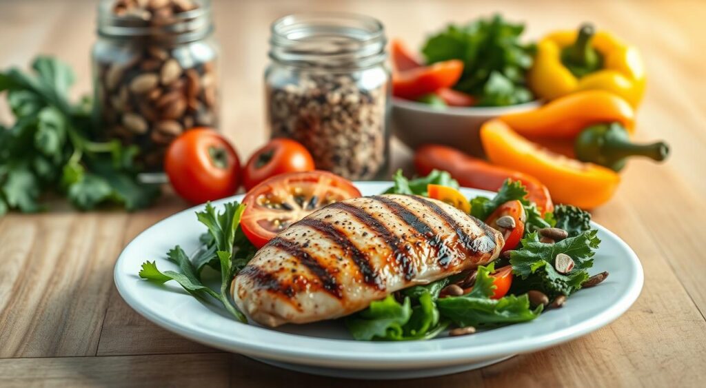 A vibrant still life scene of nutritious foods complementing a lean protein source. In the foreground, a plate holds a grilled chicken breast, accompanied by a variety of colorful vegetables such as leafy greens, sliced tomatoes, and roasted bell peppers. In the middle ground, a glass jar filled with mixed nuts and seeds sits alongside a bowl of cooked quinoa. The background features a wooden table with a subtle, warm lighting that casts a soft glow over the composition. The overall atmosphere conveys a sense of balance, health, and the synergistic benefits of pairing lean proteins with complementary nutrient-dense ingredients.