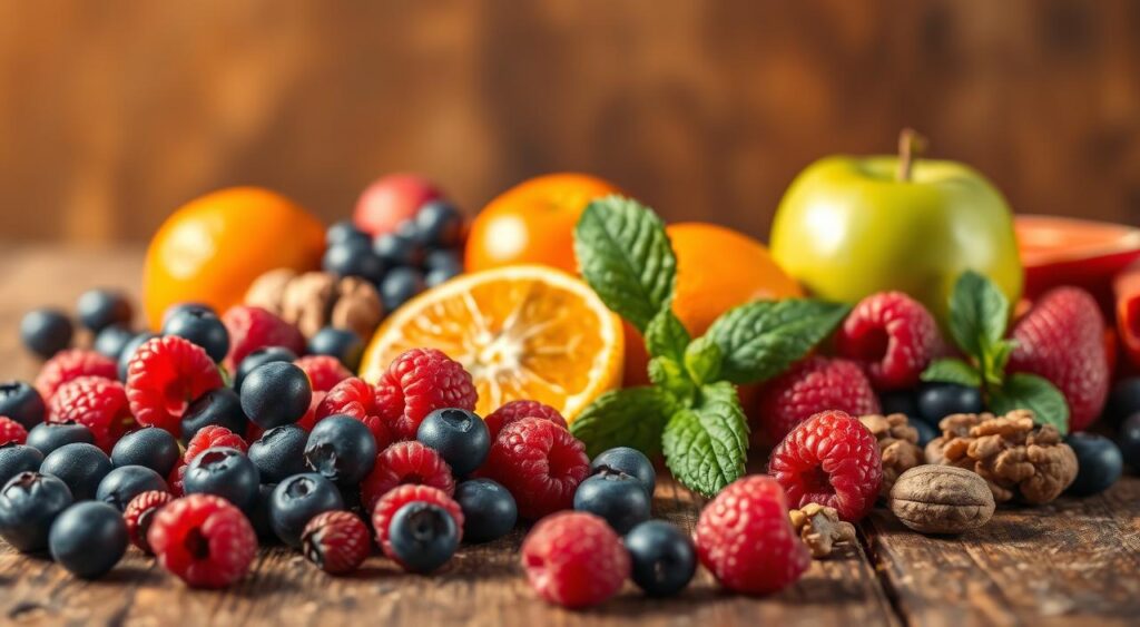 A vibrant still life showcasing a selection of metabolism-boosting fruits, arranged on a rustic wooden table. In the foreground, ripe blueberries and juicy raspberries burst with color, their lush forms casting soft shadows. In the middle ground, a juicy orange and a crisp green apple add complementary hues, while a handful of walnuts and a sprig of fresh mint provide textural contrast. The background is bathed in warm, golden lighting, evoking a sense of vitality and energy. The scene is captured with a shallow depth of field, focusing the viewer's attention on the synergistic interplay of these nutrient-dense ingredients.
