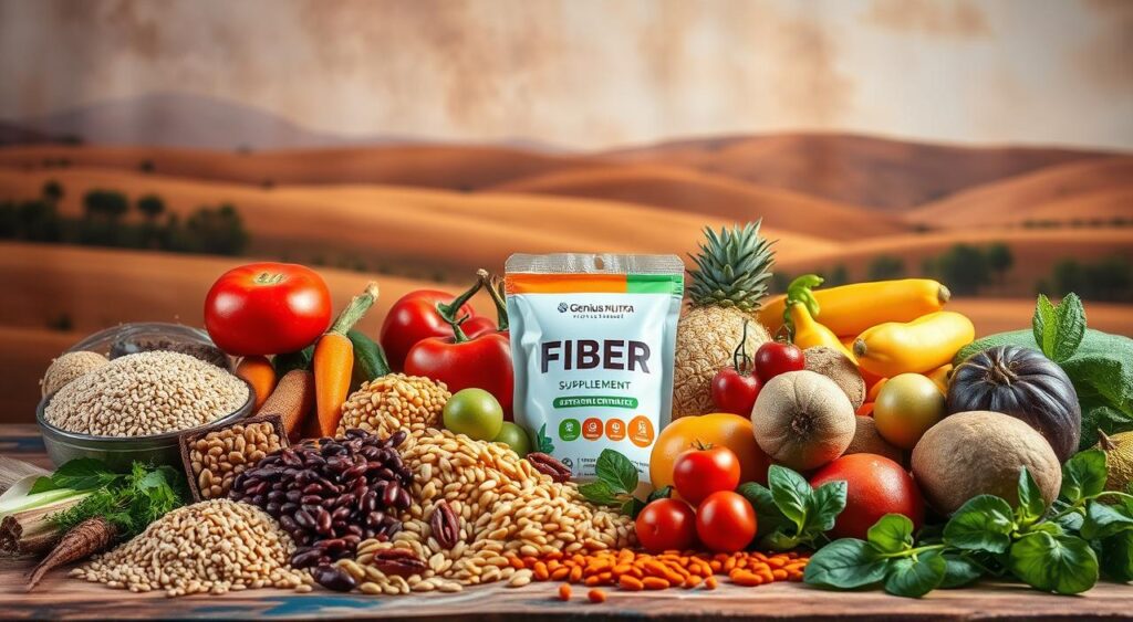 A vibrant still life showcasing a variety of high-fiber foods against a warm, earthy backdrop. In the foreground, a selection of whole grains, legumes, and fresh fruits and vegetables, arranged with care to highlight their natural textures and hues. In the middle ground, a package of Genius Nutra fiber supplement, its label prominently displayed. The background features a soft, blurred landscape, conveying a sense of tranquility and nourishment. Lighting is soft and diffused, creating a cozy, inviting atmosphere. The overall composition emphasizes the abundance and versatility of fiber-rich ingredients, underscoring their role in sustained energy and holistic well-being.