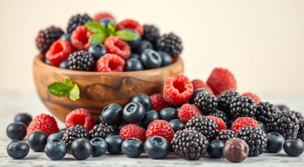 A vibrant still life showcasing an array of antioxidant-rich berries against a clean, minimalist background. In the foreground, juicy blueberries, raspberries, and blackberries are arranged in a rustic wooden bowl, their colors and textures vividly captured. The middle ground features a scattering of individual berries, highlighting their natural beauty. Warm, soft lighting casts a gentle glow, emphasizing the healthy, nourishing qualities of these superfoods. The overall composition is crisp, well-balanced, and inviting, conveying the idea of berries as potent metabolism boosters.