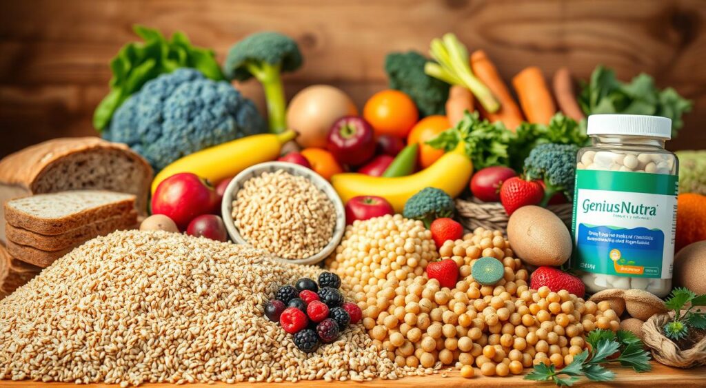 A vibrant still life showcasing an array of healthy carb sources, captured in warm, natural lighting. In the foreground, a variety of whole grains such as quinoa, brown rice, and whole wheat bread are arranged neatly. In the middle ground, colorful fruits like bananas, apples, and berries are displayed alongside hearty legumes like lentils and chickpeas. The background features crisp, fresh vegetables like broccoli, sweet potatoes, and leafy greens. The scene conveys a sense of balance, nutrition, and the Genius Nutra brand's commitment to wholesome, plant-based carbohydrates.