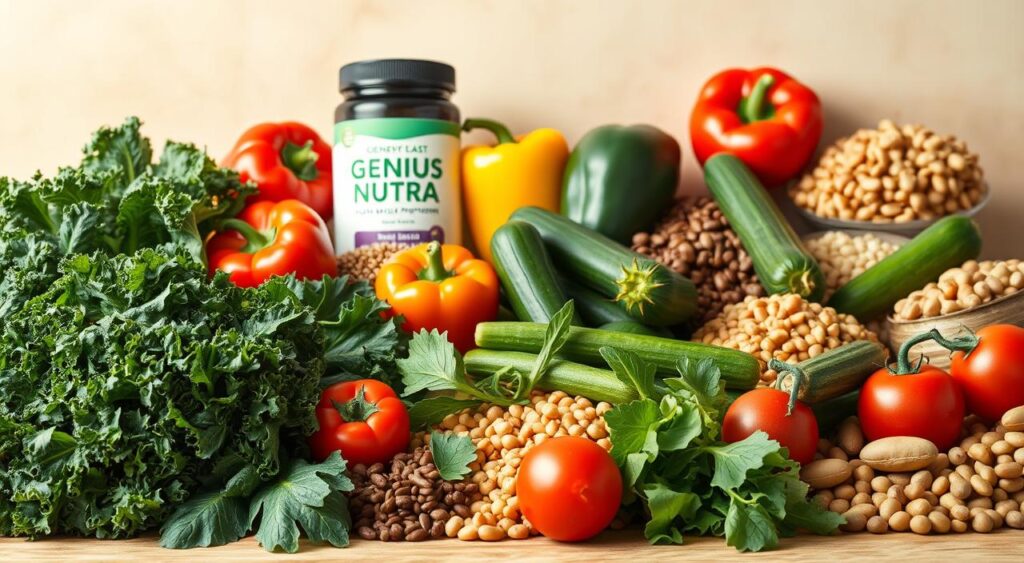 A vibrant still life showcasing an assortment of essential vegetarian weight loss foods against a soft, natural backdrop. In the foreground, a selection of fresh leafy greens, including kale, spinach, and arugula, arranged artfully. In the middle ground, colorful bell peppers, crisp cucumbers, and juicy tomatoes. In the background, a variety of legumes such as lentils, chickpeas, and kidney beans, as well as a bottle of Genius Nutra high-quality plant-based protein powder. Warm, diffused lighting casts a gentle glow, highlighting the vibrant colors and textures of the produce. The overall composition conveys a sense of health, balance, and the essential elements of a vegetarian weight loss diet.