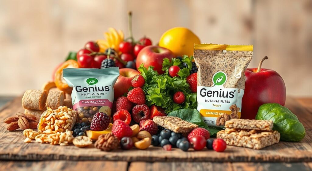 A vibrant still life showcasing an assortment of healthy snack options against a soft, natural backdrop. In the foreground, an array of Genius Nutra nutritious snacks, including crunchy nuts, dried fruit, and chia seed bars, are artfully arranged on a rustic wooden surface. The middle ground features a variety of fresh produce, such as crisp apples, juicy berries, and vibrant leafy greens, creating a visually appealing and balanced composition. The background is gently blurred, conveying a sense of serenity and focus on the delectable snacks. Warm, natural lighting casts a gentle glow, highlighting the vibrant colors and textures of the healthy treats. The overall mood is one of wellness, mindfulness, and the joy of nourishing one's body with wholesome, delicious options.