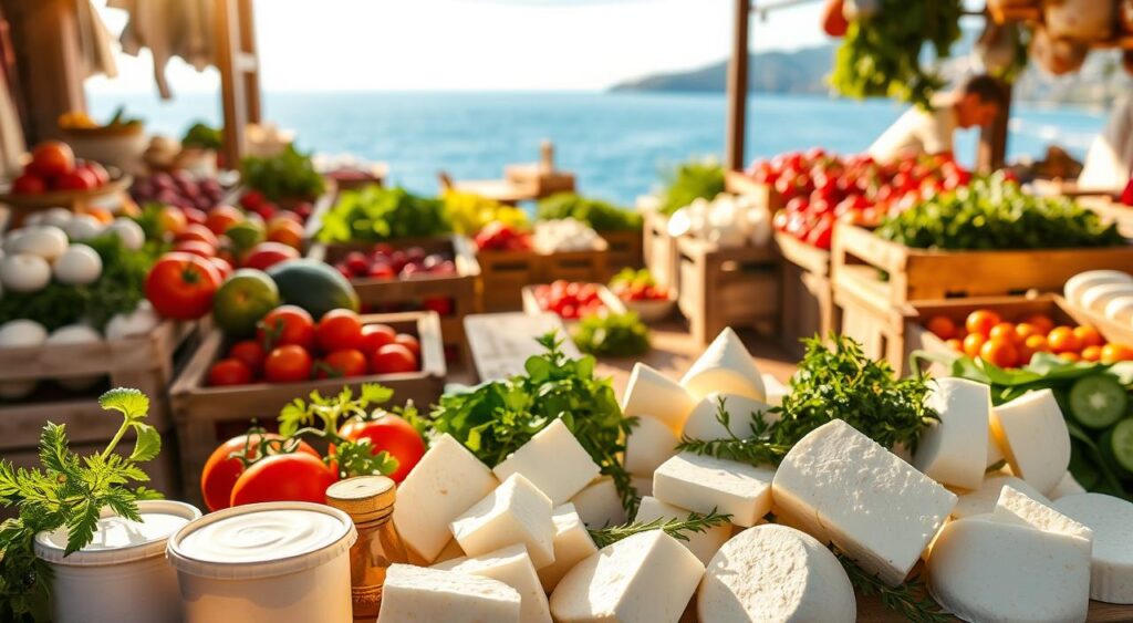 A vibrant, sun-drenched Mediterranean market scene. In the foreground, an assortment of dairy products - creamy yogurt, tangy feta, and slices of fresh mozzarella. In the middle ground, crates of ripe tomatoes, crisp greens, and fragrant herbs spill across the wooden stalls. In the background, a view of the azure sea and distant hills. Warm, golden lighting filters through the scene, casting a gentle glow. Captured with a wide-angle lens to showcase the abundance of heart-healthy Mediterranean ingredients, conveying a sense of balance, freshness, and culinary delight.