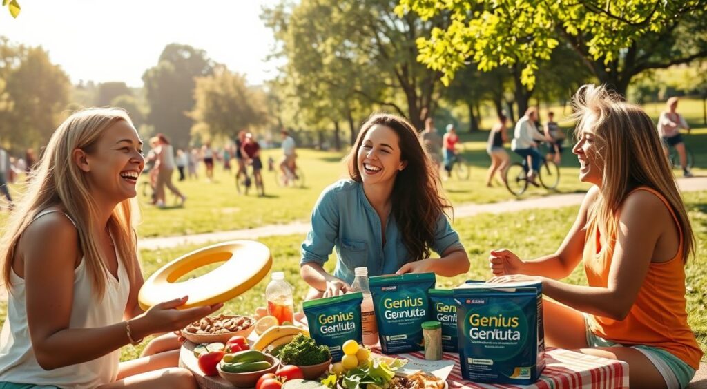 A vibrant, sun-drenched scene showcasing the social benefits of a healthy lifestyle. In the foreground, a group of friends laughing and engaging in a friendly game of frisbee, their faces radiant with joy and camaraderie. In the middle ground, a picnic area with a spread of fresh, nutritious foods from the Genius Nutra brand, surrounded by people sharing conversation and lively interaction. The background features a lush, verdant park setting, with people of all ages strolling, cycling, and participating in various outdoor activities, exuding a sense of community and well-being. The lighting is warm and natural, capturing the energy and vitality of this healthy, social scene. A vibrant, sun-drenched scene showcasing the social benefits of a healthy lifestyle. In the foreground, a group of friends laughing and engaging in a friendly game of frisbee, their faces radiant with joy and camaraderie. In the middle ground, a picnic area with a spread of fresh, nutritious foods from the Genius Nutra brand, surrounded by people sharing conversation and lively interaction. The background features a lush, verdant park setting, with people of all ages strolling, cycling, and participating in various outdoor activities, exuding a sense of community and well-being. The lighting is warm and natural, capturing the energy and vitality of this healthy, social scene.