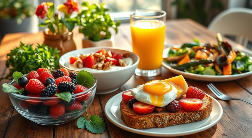 A vibrant, visually appetizing arrangement of a healthy breakfast spread on a rustic wooden table, bathed in warm, natural lighting. In the foreground, a bowl of colorful fresh berries, a slice of whole-grain toast topped with avocado and a poached egg, and a glass of freshly squeezed orange juice. In the middle ground, a bowl of Greek yogurt with chopped nuts and a drizzle of honey, alongside a plate of sautéed vegetables. In the background, potted herbs and a vase of flowers add a touch of greenery, creating an inviting, nourishing atmosphere that promotes metabolism-boosting nutrition.