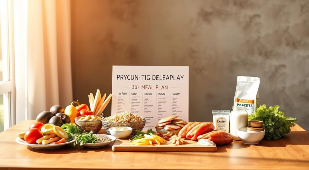 A visually appealing and informative 30-day prediabetes meal plan displayed on a stylish wooden table, bathed in warm, natural lighting. The table surface showcases a clean, minimalist design with various healthy meal components artfully arranged - fresh produce, whole grains, lean proteins, and low-fat dairy items. The background features a softly blurred, neutral-toned wall, creating a calming, inviting atmosphere. The overall composition emphasizes the simplicity and practicality of the meal plan, highlighting its potential to help manage prediabetes through balanced, nutritious choices.