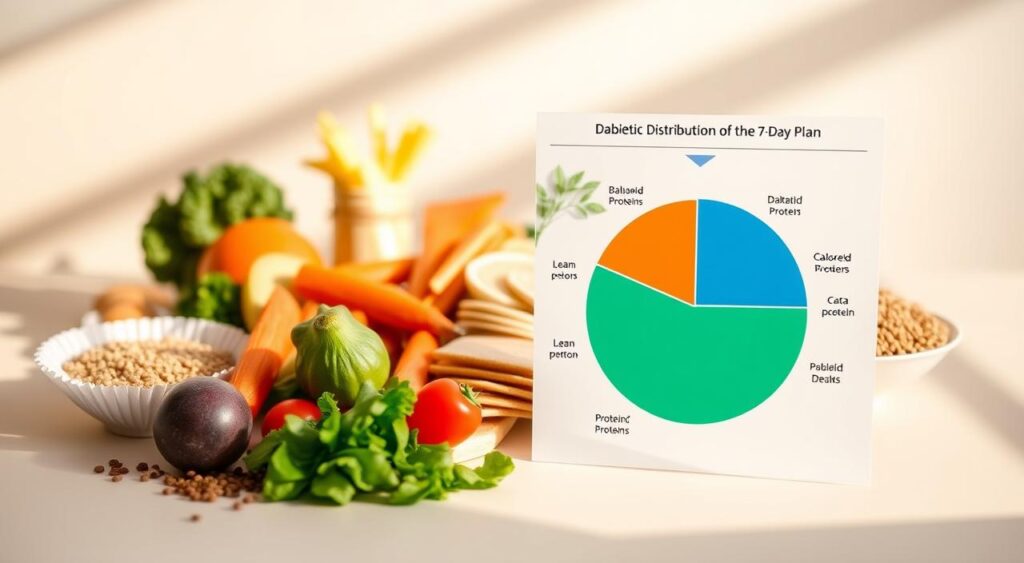 A visually appealing and informative diagram showcasing the caloric distribution of a diabetic meal plan. Crisp, realistic rendering with a clean, minimalist design. The foreground displays a simple pie chart, the slices representing the macronutrient breakdown - carbohydrates, proteins, and fats. The middle ground shows a selection of healthy diabetic-friendly foods, such as vegetables, lean proteins, and whole grains, arranged artfully. The background is a soft, muted gradient, allowing the diagram to take center stage. Warm, natural lighting casts subtle shadows, enhancing the three-dimensional feel. The overall mood is educational yet visually striking, perfectly suited to illustrate the 
