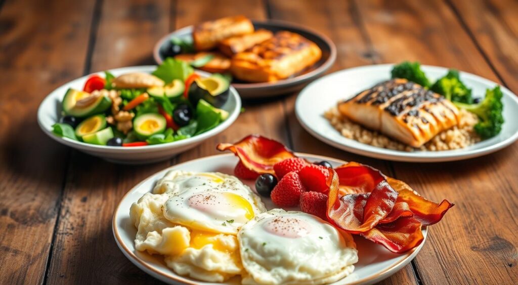 A visually appetizing and nutritionally balanced diabetic meal plan for weight loss, showcased on a rustic wooden table. In the foreground, a plate features a hearty breakfast of fluffy scrambled eggs, crisp turkey bacon, and a handful of fresh berries. In the middle ground, a colorful salad with grilled chicken, avocado, and a light vinaigrette dressing represents a satisfying lunch. In the background, a savory dinner plate displays roasted salmon, steamed broccoli, and a small serving of brown rice, all bathed in warm, directional lighting. The overall scene conveys a sense of health, control, and culinary delight for the diabetic lifestyle.