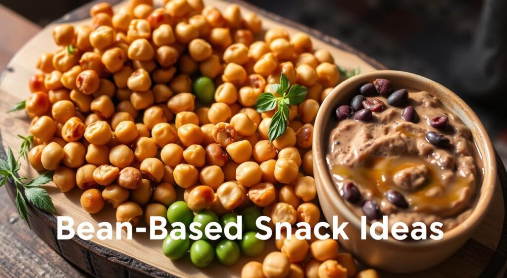 A visually appetizing arrangement of various bean-based snacks, including roasted chickpeas, edamame, and black bean dip, presented on a wooden board or rustic surface. The snacks are neatly arranged, with a focus on texture and color contrast. Warm, natural lighting casts a soft glow, highlighting the vibrant hues of the beans and complementary garnishes such as fresh herbs or a drizzle of olive oil. The overall mood is one of healthfulness, simplicity, and culinary elegance, perfectly suited to illustrate the 