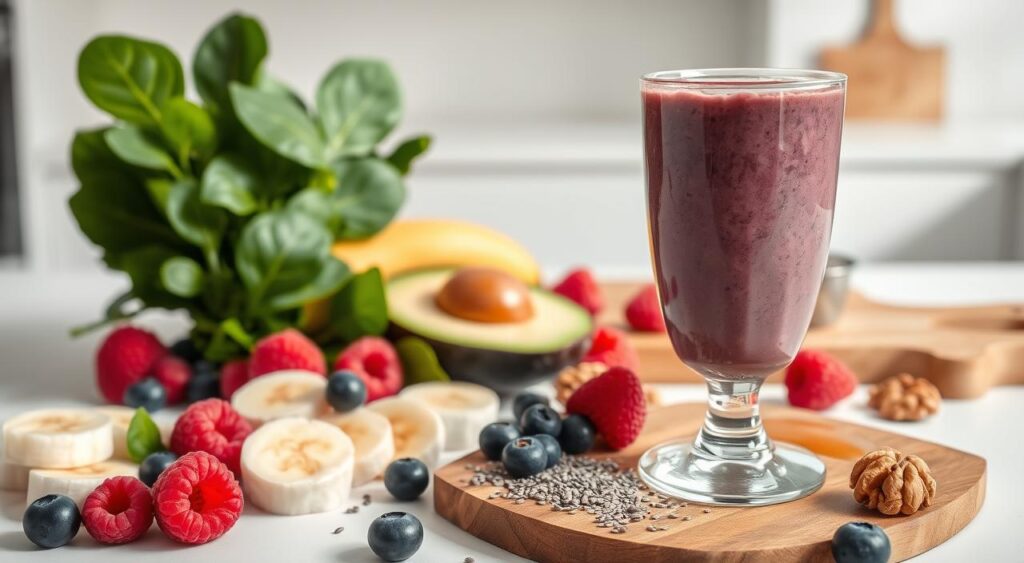 A visually appetizing breakfast smoothie scene, showcasing a variety of vibrant, heart-healthy ingredients. In the foreground, a glass filled with a creamy, velvety smoothie, its deep purple hue accented by the rich green of fresh spinach leaves and the bright red of plump raspberries. Surrounding the glass, an assortment of sliced bananas, blueberries, and walnuts, artfully arranged to create a balanced, nutritious composition. The middle ground features a wooden cutting board with a half-sliced avocado, a sprinkle of chia seeds, and a drizzle of honey, hinting at the smoothie's velvety texture and antioxidant-rich ingredients. In the background, a minimalist, light-filled kitchen setting, with clean white surfaces and natural wooden accents, creating a calming, health-conscious atmosphere. A visually appetizing breakfast smoothie scene, showcasing a variety of vibrant, heart-healthy ingredients. In the foreground, a glass filled with a creamy, velvety smoothie, its deep purple hue accented by the rich green of fresh spinach leaves and the bright red of plump raspberries. Surrounding the glass, an assortment of sliced bananas, blueberries, and walnuts, artfully arranged to create a balanced, nutritious composition. The middle ground features a wooden cutting board with a half-sliced avocado, a sprinkle of chia seeds, and a drizzle of honey, hinting at the smoothie's velvety texture and antioxidant-rich ingredients. In the background, a minimalist, light-filled kitchen setting, with clean white surfaces and natural wooden accents, creating a calming, health-conscious atmosphere.