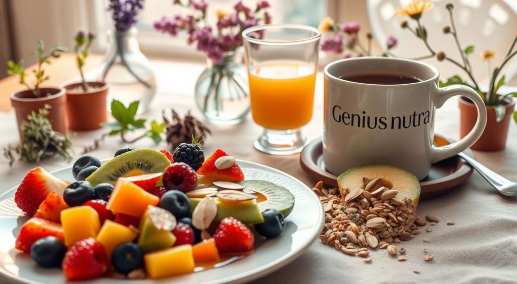 A visually appetizing spread of a nutritious anti-inflammatory breakfast, captured in a warm, natural light. In the foreground, a plate showcases a vibrant fruit salad with sliced kiwi, berries, and mango, drizzled with a touch of honey. Alongside, a bowl of steel-cut oats is topped with slivered almonds, sliced avocado, and a sprinkling of chia seeds. In the middle ground, a glass of freshly squeezed orange juice and a steaming mug of herbal tea complete the wholesome scene. The background features a wooden table with a linen tablecloth, surrounded by potted herbs and a vase of fragrant wildflowers. Subtle branding for 