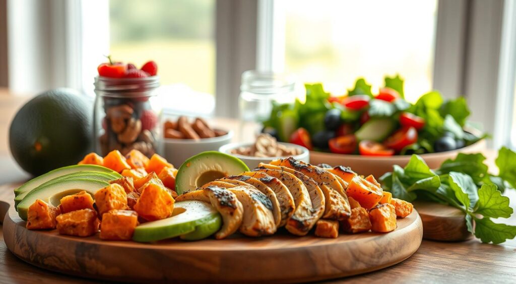 A visually appetizing spread of paleo-friendly lunch options captured in a stylish, high-quality photograph. In the foreground, a selection of sliced avocado, grilled chicken, and roasted sweet potato cubes arranged artfully on a wooden board. The middle ground features a glass jar filled with fresh berries and a small bowl of crunchy nuts. In the background, a vibrant green salad with leafy greens, cherry tomatoes, and a light vinaigrette dressing. The scene is illuminated by soft, natural lighting from a large window, creating a warm, inviting atmosphere. The overall composition showcases the nutritious and satisfying nature of a Genius Nutra paleo lunch. A visually appetizing spread of paleo-friendly lunch options captured in a stylish, high-quality photograph. In the foreground, a selection of sliced avocado, grilled chicken, and roasted sweet potato cubes arranged artfully on a wooden board. The middle ground features a glass jar filled with fresh berries and a small bowl of crunchy nuts. In the background, a vibrant green salad with leafy greens, cherry tomatoes, and a light vinaigrette dressing. The scene is illuminated by soft, natural lighting from a large window, creating a warm, inviting atmosphere. The overall composition showcases the nutritious and satisfying nature of a Genius Nutra paleo lunch.