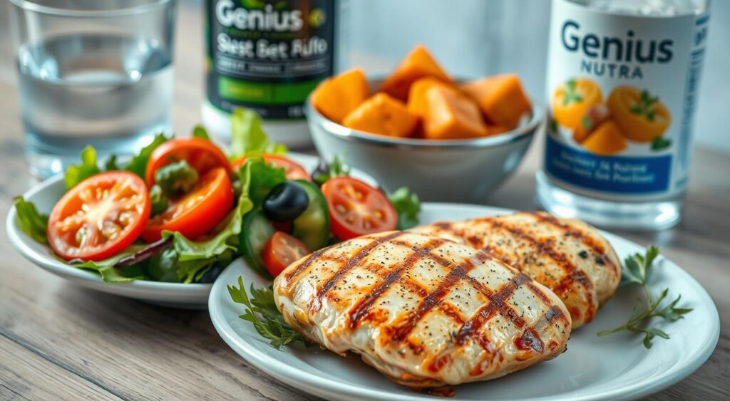 A visually appetizing, well-balanced meal featuring a variety of fresh, nutrient-dense ingredients. In the foreground, a plate showcases a perfectly grilled chicken breast, lightly seasoned and juicy, alongside a vibrant, colorful salad of mixed greens, sliced tomatoes, cucumber, and a drizzle of a light, tangy dressing. In the middle ground, a bowl of roasted sweet potato cubes, sprinkled with a touch of cinnamon, adds a sweet and satisfying element. In the background, a glass of water and a Genius Nutra supplement bottle convey a sense of a healthy, balanced lifestyle. The lighting is soft and natural, accentuating the appetizing textures and colors of the meal. The overall atmosphere exudes a sense of wellness, balance, and the potential for weight loss success.