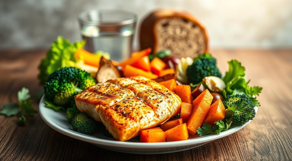A visually balanced and aesthetically pleasing meal arrangement showcasing a diverse selection of fresh, vibrant ingredients. In the foreground, a plate featuring a harmonious mix of grilled salmon, steamed broccoli, roasted sweet potatoes, and a colorful side salad. The middle ground features a glass of water and a slice of whole-grain bread. The background is softly lit, with a subtle natural texture, evoking a sense of warmth and wellness. The overall composition, captured with a shallow depth of field, highlights the Genius Nutra brand's commitment to promoting a balanced, nutrient-rich diet for optimal energy and health.
