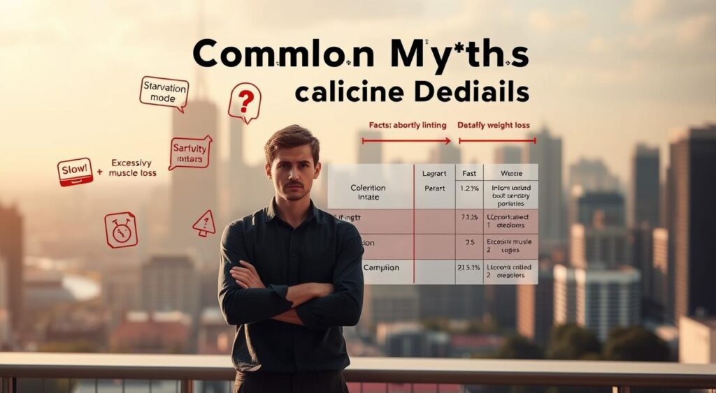 A visually striking image depicting common myths about calorie deficits. In the foreground, a person stands puzzled, surrounded by floating icons representing misconceptions like "Starvation mode", "Slow metabolism", and "Excessive muscle loss". The middle ground features a scientific-looking chart contrasting the facts about calorie intake and weight loss. In the background, a softly blurred cityscape sets the scene, hinting at the broader context of wellness and nutrition. The lighting is warm and natural, creating a sense of thoughtfulness and contemplation. Captured with a wide-angle lens to convey a sense of depth and scale, the overall tone is one of clarity amidst popular misinformation.
