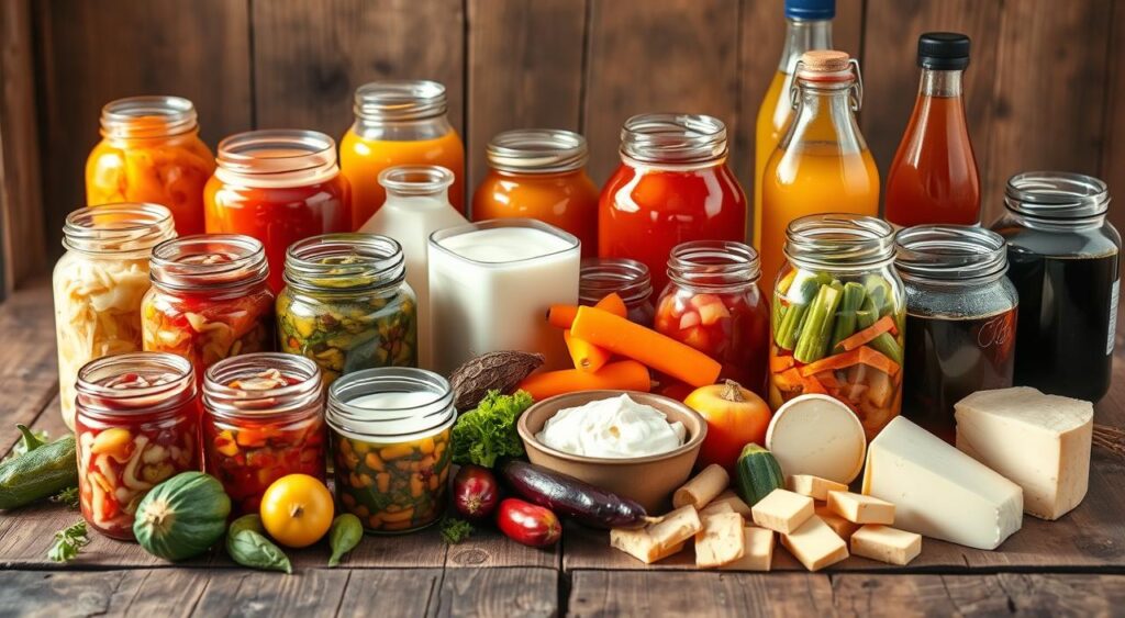 A visually striking still life composition of an assortment of the best fermented foods, artfully arranged on a rustic wooden table. In the foreground, there are jars of sauerkraut, kimchi, and pickled vegetables, their vibrant colors and textures showcased. In the middle ground, various fermented dairy products like yogurt, kefir, and cheese are presented, their creamy and tangy qualities highlighted. In the background, a selection of fermented drinks such as kombucha and mead are visible, their amber hues providing depth and visual interest. The lighting is soft and natural, casting gentle shadows and highlighting the unique characteristics of each fermented item. The overall atmosphere conveys a sense of wholesome, earthy goodness, inviting the viewer to explore the benefits of these gut-healthy foods.