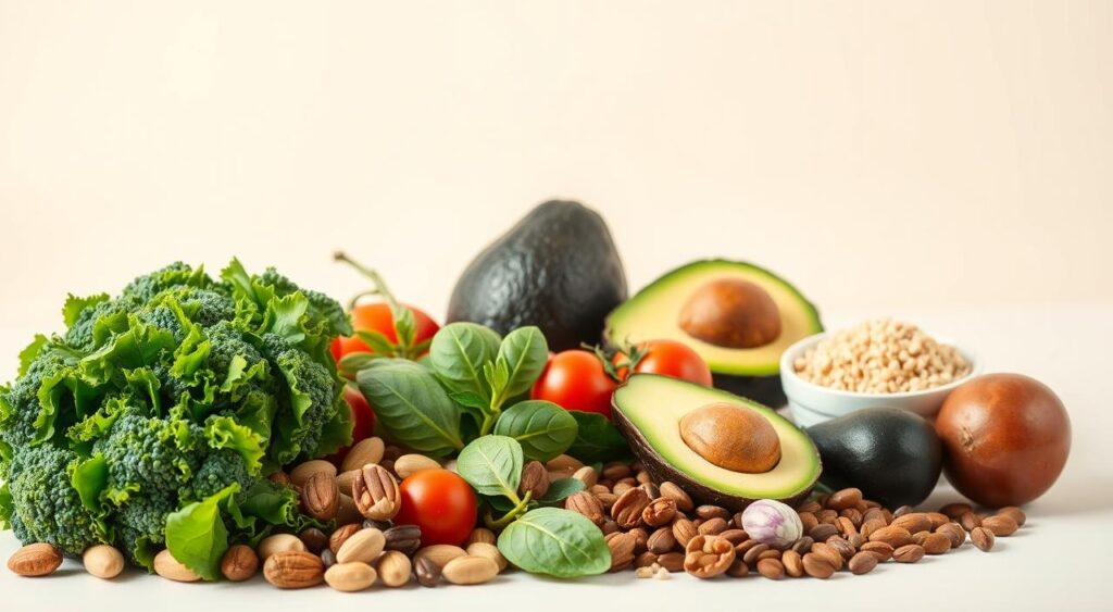 A visually striking still life composition showcasing an assortment of low glycemic index foods against a clean, minimalist backdrop. In the foreground, an arrangement of fresh vegetables including broccoli, spinach, and tomatoes, as well as a selection of nuts and seeds. In the middle ground, slices of avocado, quinoa, and lentils. The background is a soft, neutral tone, highlighting the natural colors and textures of the healthy ingredients. Soft, diffused lighting casts gentle shadows, emphasizing the shapes and forms of the food items. The overall mood is one of simplicity, health, and wellness, inviting the viewer to consider the benefits of incorporating low GI foods into their diet for weight management.
