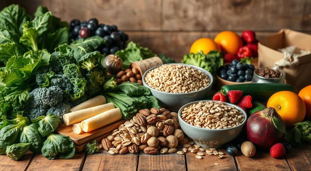 A visually striking still life scene depicting a variety of low glycemic index foods artfully arranged on a rustic wooden table. In the foreground, a vibrant assortment of fresh vegetables such as kale, spinach, broccoli, and zucchini. In the middle ground, bowls filled with whole grains like quinoa and steel-cut oats, alongside a selection of nuts and seeds. In the background, a few ripe fruits like berries and citrus provide pops of color. Soft, warm lighting casts a gentle glow, highlighting the natural textures and hues of the ingredients. The overall composition conveys a sense of healthfulness, balance, and the ease of incorporating low GI foods into one's daily diet.