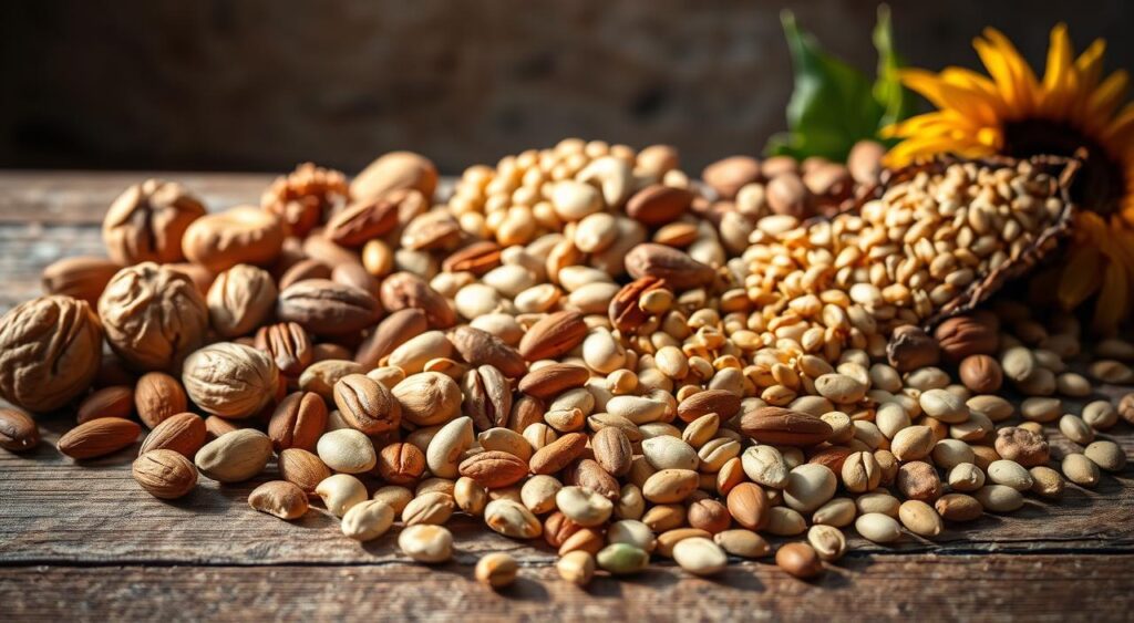 A visually striking still life showcasing an assortment of assorted nuts and seeds arranged in a harmonious composition. The foreground features a diverse mix of walnuts, almonds, pecans, cashews, sunflower, and pumpkin seeds scattered across a rustic wooden surface, with natural lighting casting warm, soft shadows. The middle ground highlights the varied textures and colors of the ingredients, from the rich brown tones of the nuts to the earthy greens and golds of the seeds. The background subtly blurs, creating a sense of depth and focus on the primary subject. The overall mood is one of health, vitality, and the nourishing power of these nutrient-dense ingredients. A visually striking still life showcasing an assortment of assorted nuts and seeds arranged in a harmonious composition. The foreground features a diverse mix of walnuts, almonds, pecans, cashews, sunflower, and pumpkin seeds scattered across a rustic wooden surface, with natural lighting casting warm, soft shadows. The middle ground highlights the varied textures and colors of the ingredients, from the rich brown tones of the nuts to the earthy greens and golds of the seeds. The background subtly blurs, creating a sense of depth and focus on the primary subject. The overall mood is one of health, vitality, and the nourishing power of these nutrient-dense ingredients.