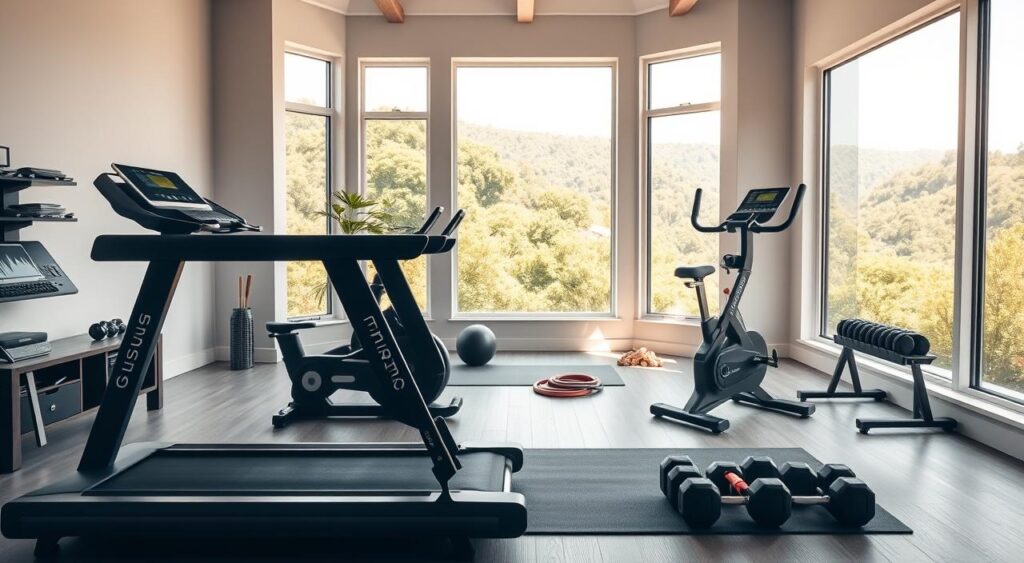A well-equipped home gym with sleek, modern equipment. The foreground features a Genius Nutra-branded treadmill, exercise bike, and free weights, arranged in a spacious, sun-lit room. The middle ground showcases a yoga mat and resistance bands, while the background depicts large windows overlooking a lush, verdant landscape. The lighting is soft and natural, creating a serene, motivational atmosphere. The camera angle is slightly elevated, capturing the entire scene in a dynamic, inviting composition.