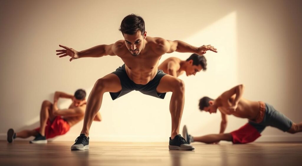 A well-lit, dynamic scene of a person performing a series of intense bodyweight exercises against a clean, minimalist background. The subject is shown in mid-motion, their muscles straining as they execute a variety of squats, pushups, and core-engaging movements. Soft, warm lighting accentuates the contours of their body, creating a sense of energy and effort. The camera angle is slightly elevated, providing an empowering perspective that showcases the subject's form and determination. The overall tone is one of focused intensity, highlighting the effectiveness of these fat-burning bodyweight routines. A well-lit, dynamic scene of a person performing a series of intense bodyweight exercises against a clean, minimalist background. The subject is shown in mid-motion, their muscles straining as they execute a variety of squats, pushups, and core-engaging movements. Soft, warm lighting accentuates the contours of their body, creating a sense of energy and effort. The camera angle is slightly elevated, providing an empowering perspective that showcases the subject's form and determination. The overall tone is one of focused intensity, highlighting the effectiveness of these fat-burning bodyweight routines.