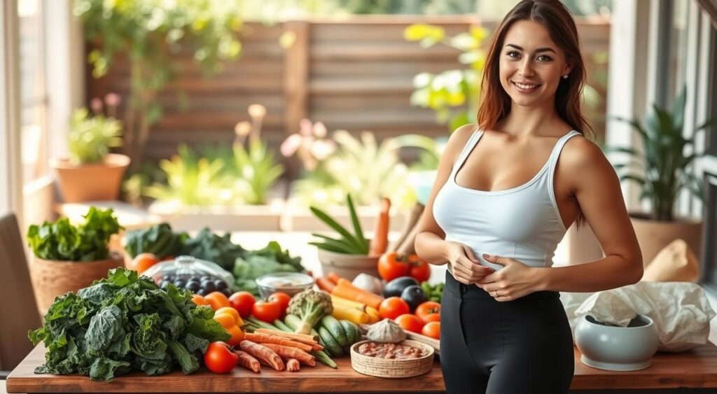 A well-lit, high-resolution scene depicting a woman transitioning from a keto diet to long-term weight control. In the foreground, she stands confidently, her posture straight and her expression serene. She wears a fitted, stylish outfit that accentuates her slimmer figure. In the middle ground, a selection of healthy, whole foods - leafy greens, colorful vegetables, lean proteins, and complex carbohydrates - are neatly arranged on a wooden table, signifying a balanced, sustainable approach to nutrition. The background features a tranquil, natural setting, perhaps a kitchen garden or a sun-dappled patio, conveying a sense of harmony and mindfulness. The overall mood is one of empowerment, control, and a healthy lifestyle that can be maintained long-term.