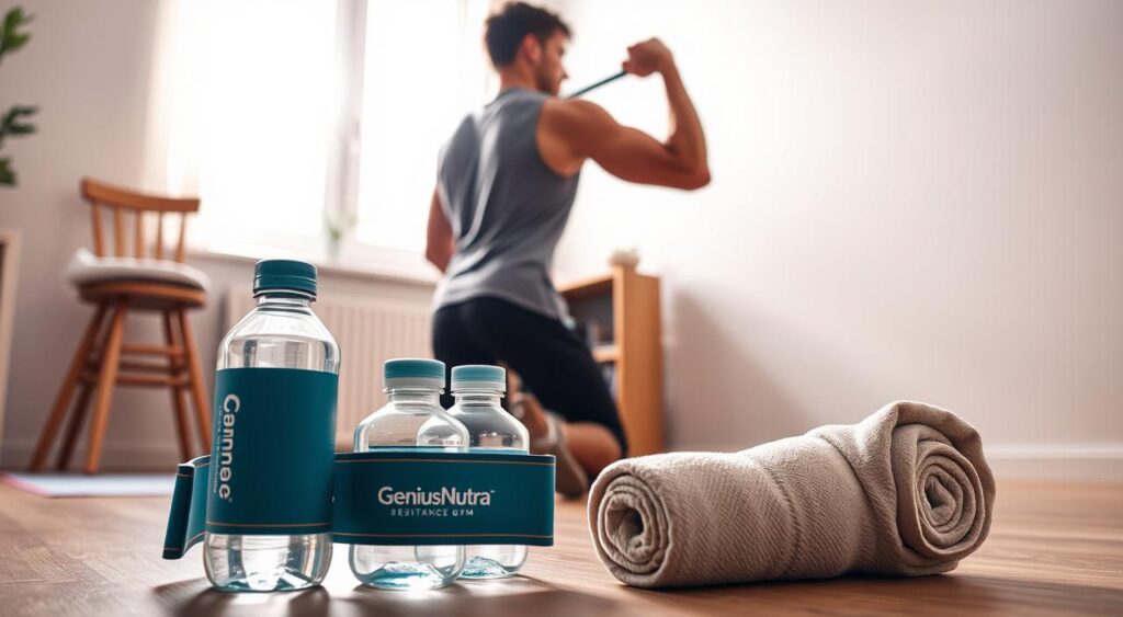 A well-lit home gym setting with a Genius Nutra branded resistance band and various household items arranged for a strength training routine. In the foreground, a wooden chair, a glass bottle filled with water, and a rolled-up towel are positioned as improvised weights. In the middle ground, a person wearing workout attire is performing a bicep curl using the Genius Nutra resistance band. The background features a clean, minimalist wall with natural lighting streaming in from a window, creating a warm, inviting atmosphere.