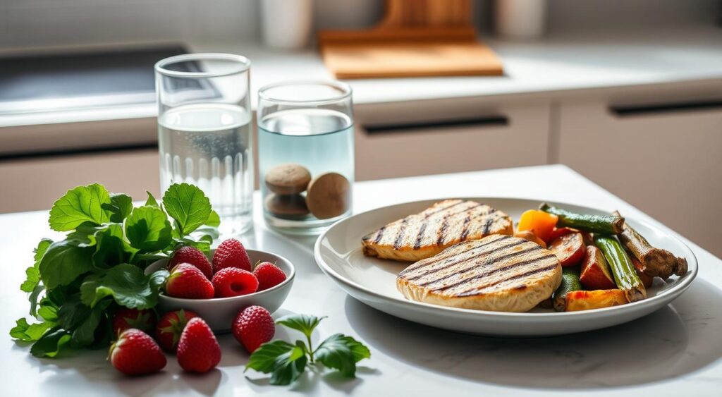 A well-lit kitchen counter showcases a balanced arrangement of keto-friendly foods - fresh leafy greens, vibrant berries, a glass of water, and a plate featuring a grilled protein paired with roasted vegetables. The lighting is soft and natural, casting gentle shadows and highlights that accentuate the textures and colors of the items. The scene conveys a sense of sustainability, health, and mindful eating, hinting at the ability to maintain the benefits of a keto diet by thoughtfully reintroducing carbohydrates in a balanced manner.
