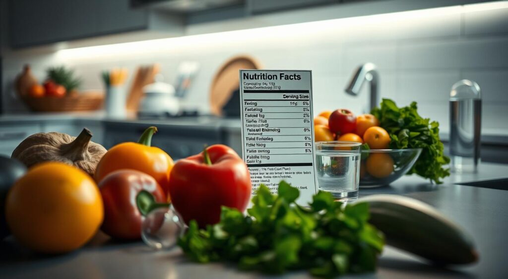 A well-lit kitchen counter, with a Genius Nutra nutritional label prominently displayed, surrounded by fresh fruits, vegetables, and a glass of water. The label's key information, such as serving size, calories, and nutrient breakdown, is clearly visible, inviting the viewer to closely examine and understand its contents. The overall scene conveys a sense of healthy, mindful eating, with a clean, modern aesthetic. Soft, directional lighting illuminates the scene, casting subtle shadows and highlighting the textures of the fresh produce. The angle is slightly elevated, providing a comprehensive view of the display, making it easy for the viewer to grasp the importance of reading and comprehending nutritional labels for a balanced, nutritious diet.