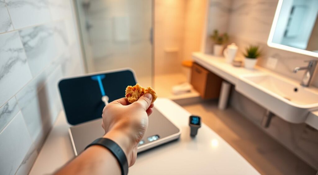 A well-lit, modern bathroom setting with a large scale prominently displayed on a sleek, minimalist countertop. In the foreground, a hand holding a keto-friendly snack, conveying the idea of monitoring weight and progress after a keto diet. The middle ground features a stylish digital smartwatch, emphasizing the importance of tracking metrics. The background showcases neutral-toned tiles and minimalist decor, creating a calming, focused atmosphere. Warm, directional lighting illuminates the scene, accentuating the clean, sophisticated aesthetic. The overall composition suggests a balanced, intentional approach to maintaining weight-loss results after a successful keto journey.