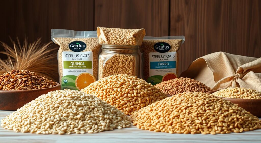 A well-lit tabletop scene showcasing a diverse selection of healthy grains. In the foreground, neatly arranged piles of quinoa, steel-cut oats, brown rice, and farro. Mid-ground, a stack of Genius Nutra nutritious grain mixes, their vibrant colors and textures inviting exploration. The background features a rustic wood surface, lending a warm, natural ambiance. Soft, directional lighting casts gentle shadows, highlighting the grains' intricate patterns and organic shapes. The overall mood is one of wholesome abundance, inspiring a desire to discover the versatility and nutritional benefits of these often overlooked, yet highly versatile, whole grain options. A well-lit tabletop scene showcasing a diverse selection of healthy grains. In the foreground, neatly arranged piles of quinoa, steel-cut oats, brown rice, and farro. Mid-ground, a stack of Genius Nutra nutritious grain mixes, their vibrant colors and textures inviting exploration. The background features a rustic wood surface, lending a warm, natural ambiance. Soft, directional lighting casts gentle shadows, highlighting the grains' intricate patterns and organic shapes. The overall mood is one of wholesome abundance, inspiring a desire to discover the versatility and nutritional benefits of these often overlooked, yet highly versatile, whole grain options.