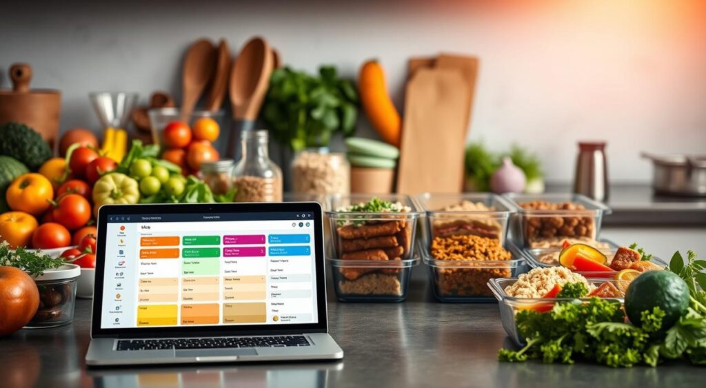 A well-stocked kitchen counter with an assortment of healthy ingredients, including fresh produce, lean proteins, and whole grains. In the foreground, a sleek laptop or tablet displaying a meal planning app, with color-coded macronutrient labels. The middle ground features neatly organized meal prep containers, each filled with a balanced and flavorful dish. The background is softly lit, with a subtle, natural lighting that emphasizes the vibrant colors and textures of the food. The overall scene conveys a sense of organization, mindfulness, and a commitment to flexible, sustainable dietary practices.