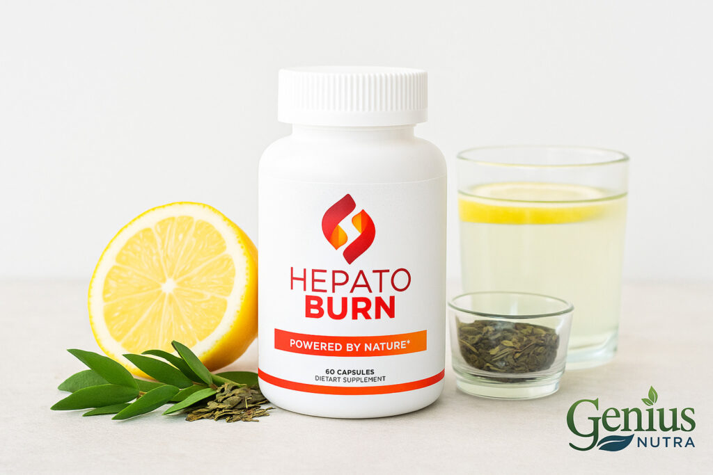 Bottle of HepatoBurn weight loss supplement with liver health imagery Bottle of HepatoBurn weight loss supplement with liver health imagery