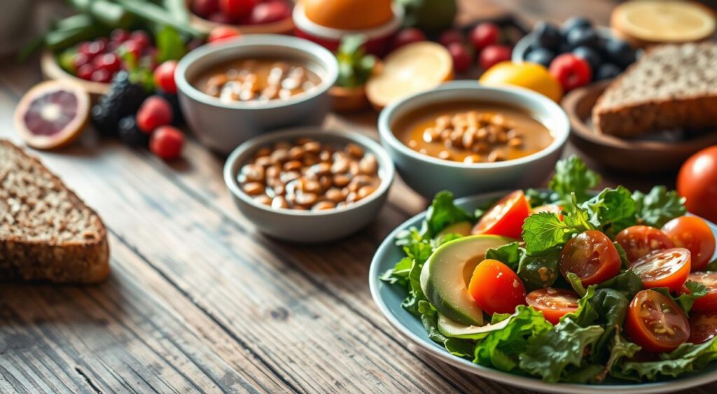 Diabetic weight loss recipes, a delectable spread of nutritious dishes on a rustic wooden table. In the foreground, a plate showcases a colorful salad with leafy greens, sliced avocado, and juicy cherry tomatoes, drizzled with a light vinaigrette. In the middle ground, a bowl of hearty lentil soup steams, accompanied by a slice of whole-grain bread. In the background, an assortment of fresh fruits, such as berries and citrus, create a vibrant and balanced display. The scene is illuminated by soft, natural lighting, creating a warm and inviting atmosphere. The overall composition emphasizes the simplicity and health-conscious nature of these diabetic-friendly recipes, perfect for the 
