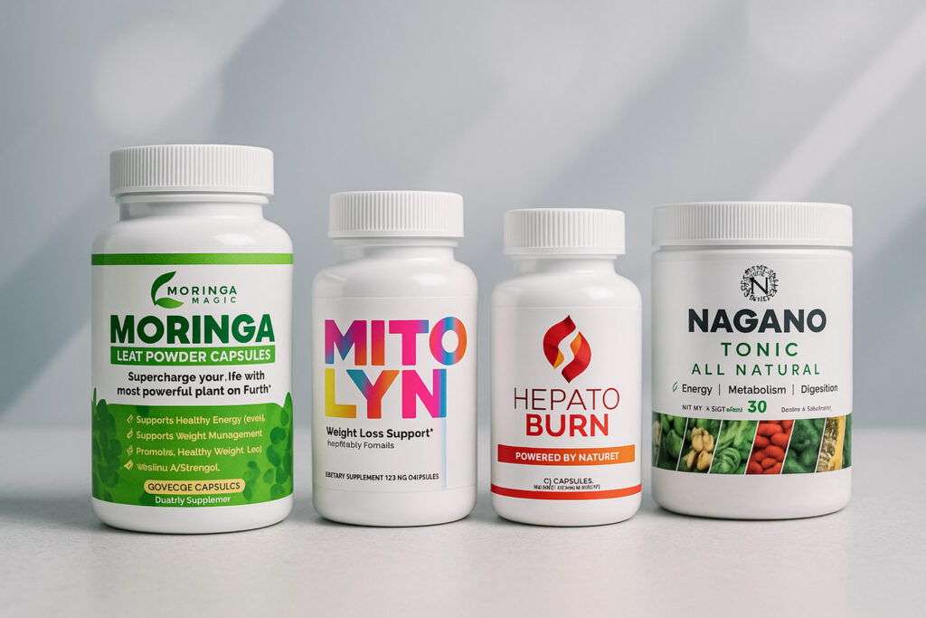 Four bottles of weight loss supplements lined up for comparison - Moringa Magic, Mitolyn, HepatoBurn, and Nagano Tonic