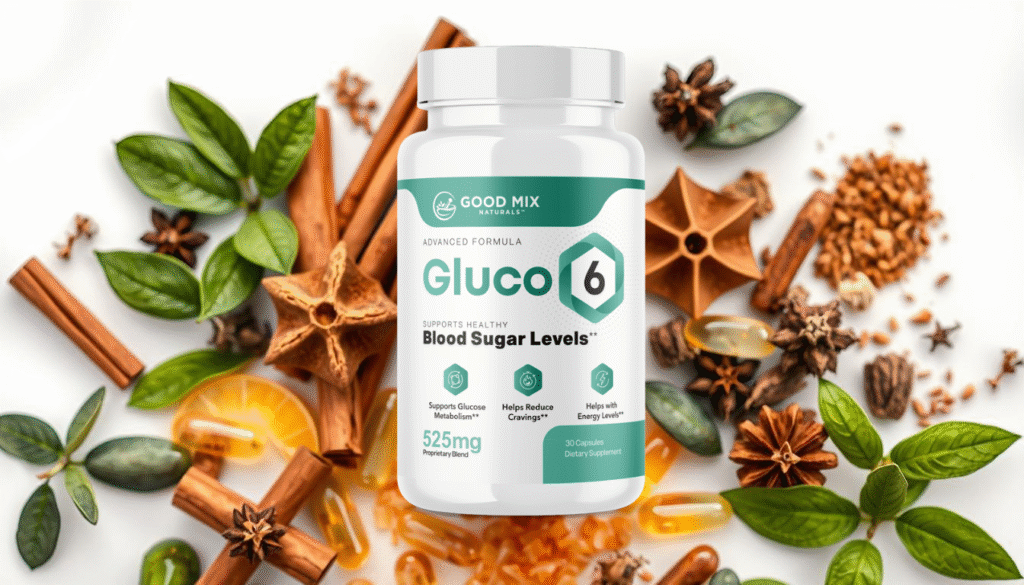 GLUCO6 supplement bottle with capsules and natural ingredients