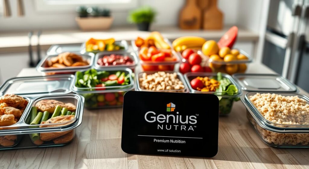 Meal prep for weight loss: a stylish kitchen counter with neatly arranged containers of healthy, balanced meals - grilled chicken, roasted vegetables, brown rice, and fresh fruit. Bright natural lighting illuminates the scene, creating a clean, crisp atmosphere. In the foreground, the 