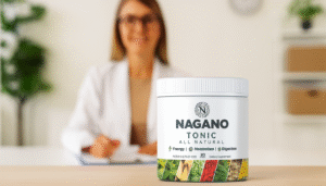 Nagano Tonic bottle and powder being mixed in water