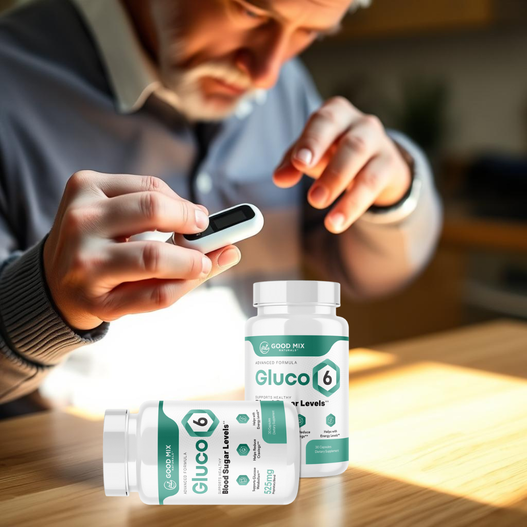 Person checking blood sugar levels with GLUCO6 bottle nearby Person checking blood sugar levels with GLUCO6 bottle nearby