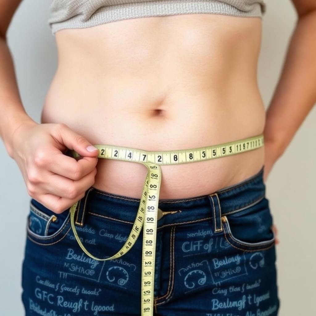 Person measuring waist showing weight loss results Person measuring waist showing weight loss results